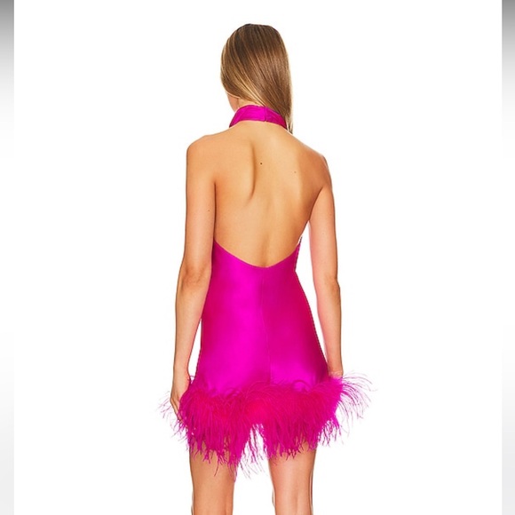 Amanda Uprichard 100% Silk Lunaria Feather-Trim Halter Dress, Small, Hot Pink - Picture 3 of 11